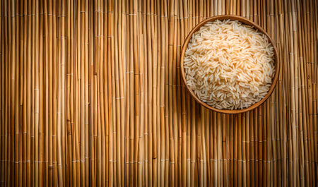 Rice in wooden bowl on bamboo mat background. Top view.の素材