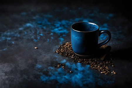Coffee cup and coffee beans on a dark blue background.の素材