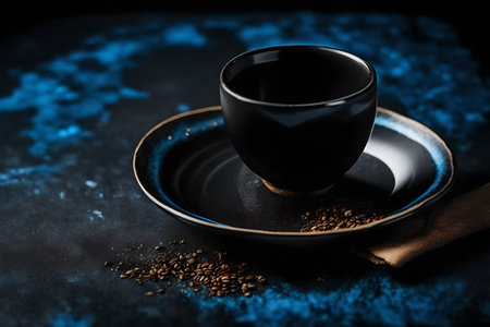 Coffee cup and coffee beans on a dark blue background.の素材