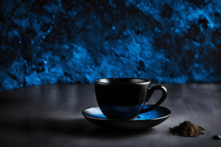 Cup of coffee on dark background with copy space. Blue tone.の素材