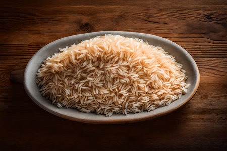 Uncooked rice in a bowl on wooden background. Toned.の素材