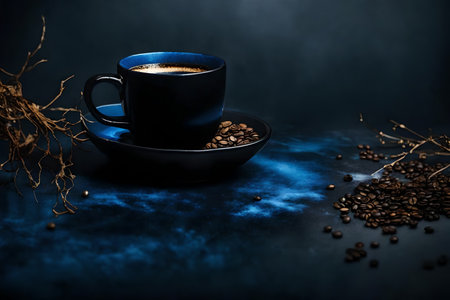 Coffee cup and coffee beans on dark blue background with copy spaceの素材