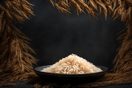 Rice in a black bowl on black background with copy space.の素材