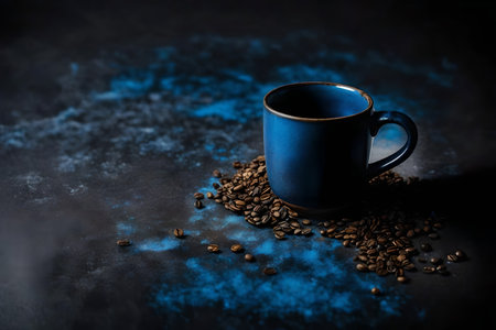 Coffee cup and coffee beans on dark background. Copy space.の素材