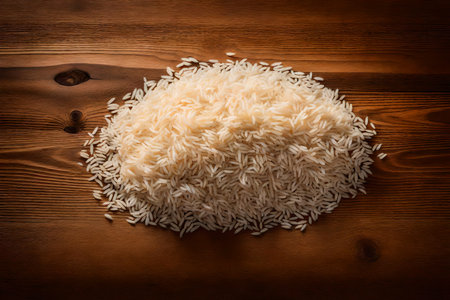 Uncooked rice on wooden background. Selective focus. Toned.の素材