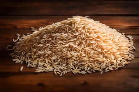 Heap of uncooked brown rice on wooden background, top viewの素材