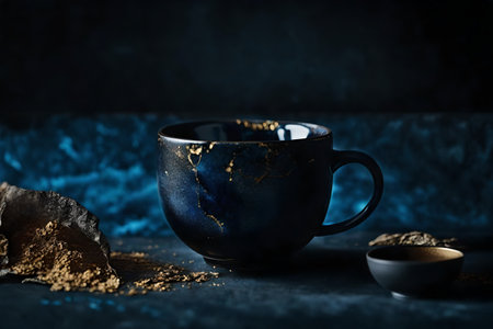 Porcelain cup of black tea on dark blue background.の素材