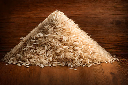 Pile of uncooked long rice on wooden background, top viewの素材