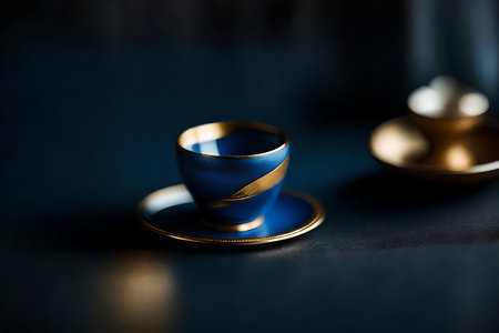 Cup and saucer on a dark background, close-upの素材