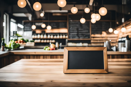 Blank menu board on wooden table in coffee shop cafe or restaurantの素材