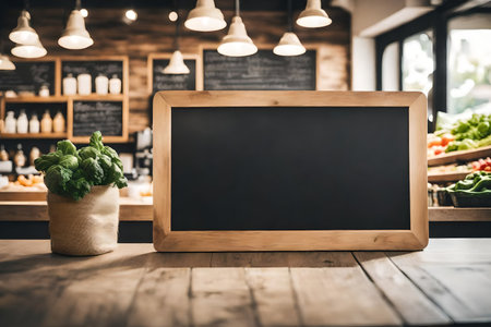 Blank blackboard on wooden table in a cafe or restaurant.の素材