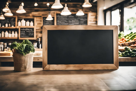 Blank blackboard in a cafe or restaurant. Food and drink concept.の素材