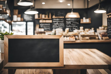 Blank chalkboard on wooden table and Coffee shop blur background with bokeh imageの素材