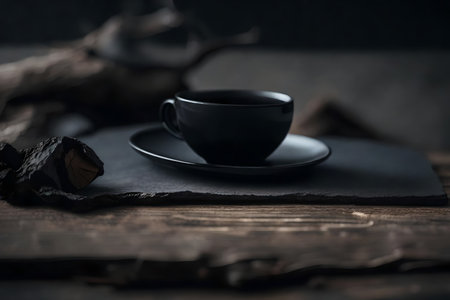 Cup of black tea on a wooden table. Dark background.の素材