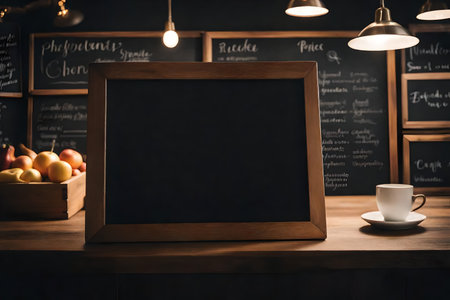 Coffee cup and blackboard on wooden table in cafe, stock photoの素材