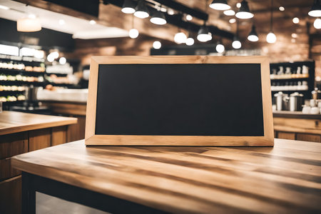 Blank menu blackboard on wooden table in coffee shop - vintage filterの素材