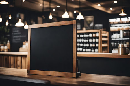 Blank black menu board on wooden table in coffee shop. Mock upの素材