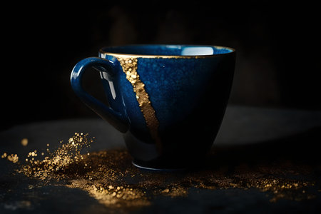 Blue cup of coffee with golden dust on dark background, close upの素材