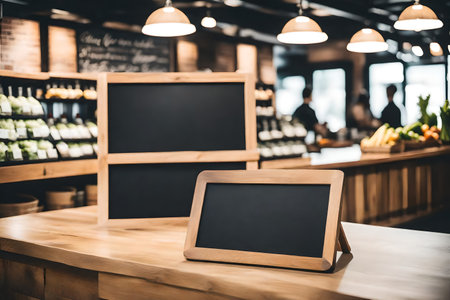 Blank blackboard on wooden table in cafe or restaurant. Mock upの素材