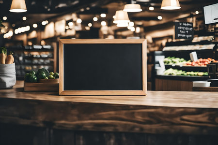 Blank chalkboard on wooden table in cafe or restaurant. Mock upの素材