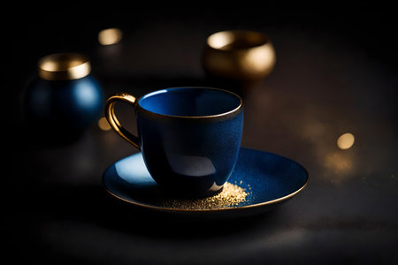 Cup of coffee on dark background with golden light. Selective focus.の素材