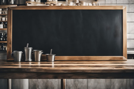 Coffee shop interior with empty blackboard on wooden table. Mock upの素材