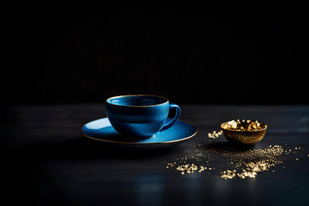 Blue cup of coffee with golden confetti on a black background.の素材