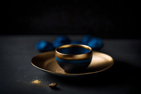 Cup of coffee with blue eggs on dark background. Copy space.の素材