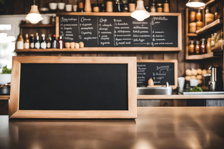 Empty blackboard on wooden bar counter in coffee shop. Mock upの素材