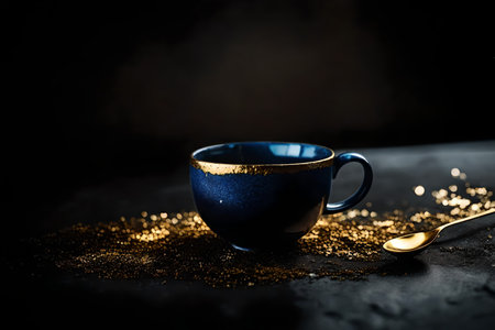 Cup of coffee on a dark background with golden sparkles.の素材