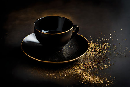 Cup of coffee on a black background with gold sparkles.の素材