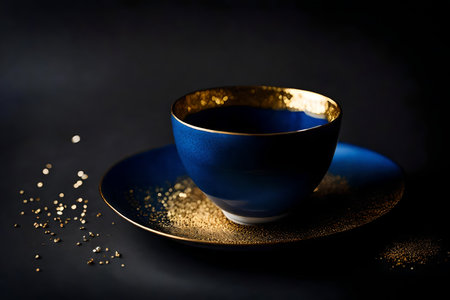 Cup of coffee on a black background with golden confetti.の素材