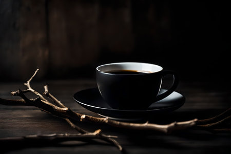 Cup of black coffee on wooden table with branch and branch.の素材