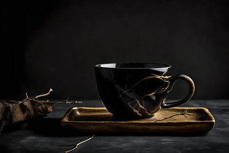 Cup of coffee on wooden tray. Black background. Copy space.の素材