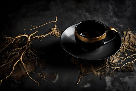 Cup of black coffee with roots on dark background. Toned.の素材