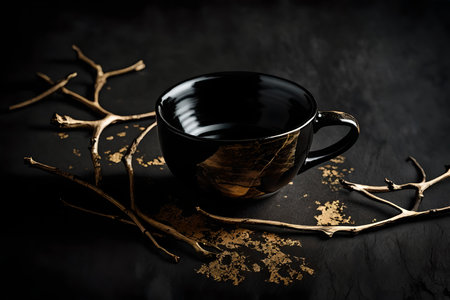 Cup of black tea with dry branches on a black background.の素材