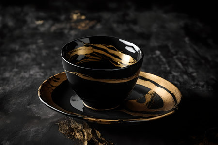 Cup of tea on a dark background. Black and gold.の素材