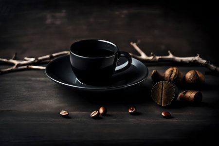 Coffee cup and coffee beans on a dark wooden background.の素材