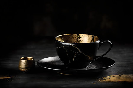 Coffee cup and gold ingots on a dark background.の素材