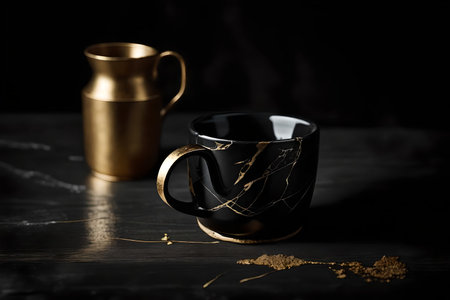 Cup of coffee with broken glass on black background. Copy space.の素材