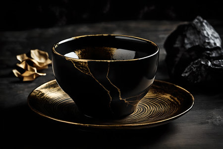 Black tea cup and saucer on dark wooden background. Close up.の素材