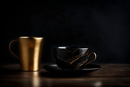 Cup of coffee on wooden table. Black and gold background.の素材