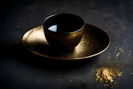 Coffee cup and saucer on a black background. Toned.の素材