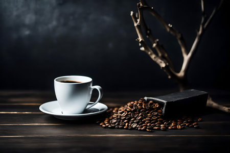 Coffee cup and coffee beans on wooden table with black backgroundの素材