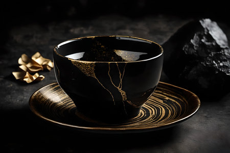 Black ceramic cup and saucer on a dark background. Copy space.の素材