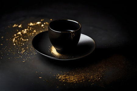 Black cup of coffee on a black background with golden sparkles.の素材