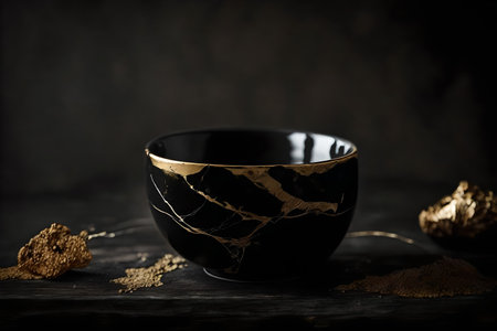 Black and gold ceramic bowl on black wooden table. Dark background.の素材