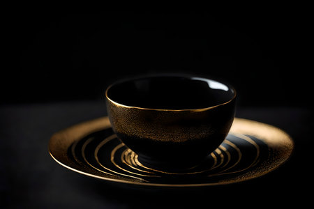 Black and gold porcelain bowl on black background. Close up.の素材