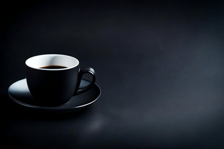 Black coffee cup on black background with copy space for your text.の素材