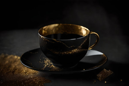 Cup of coffee on a black background with gold powder and sugar.の素材